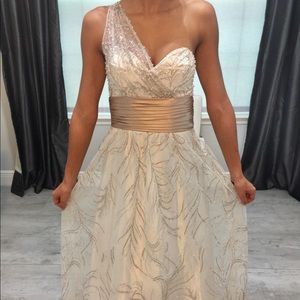One shoulder white gold formal gown
